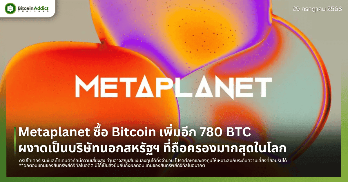 Metaplanet ซื้อ Bitcoin เพิ่มอีก 780 BTC ผงาดเป็นบริษัทนอกสหรัฐฯ ที่ถือครองมากสุดในโลก
