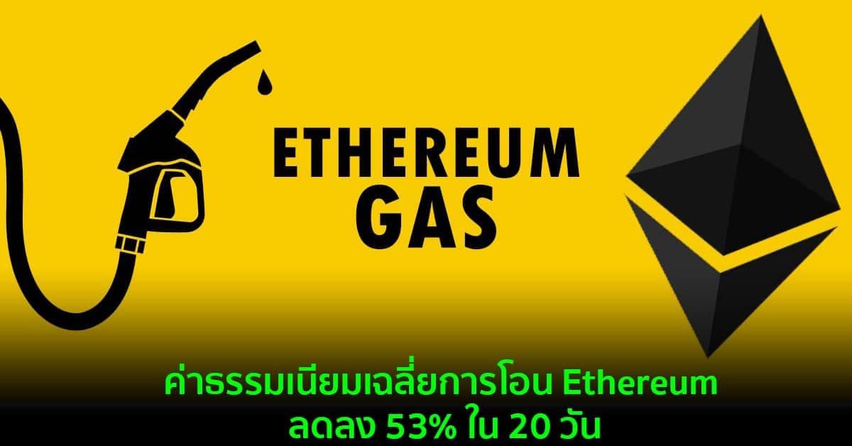 ค่าธรรมเนียมเฉลี่ยการโอน Ethereum ลดลง 53% ใน 20 วัน