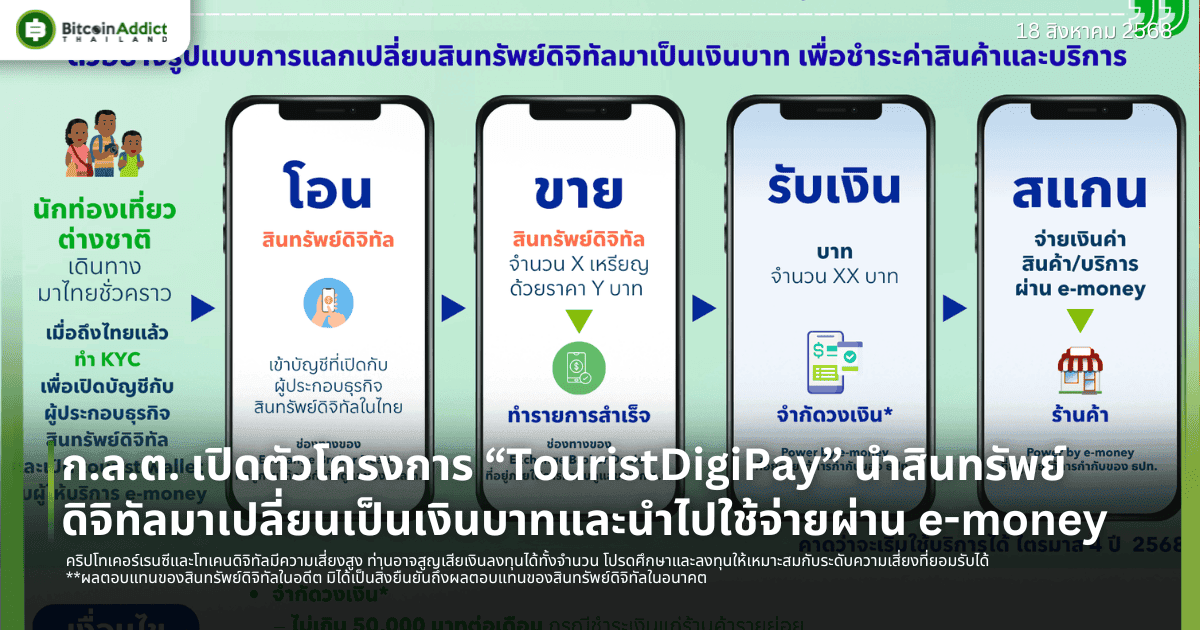 ก.ล.ต. เปิดตัวโครงการ “TouristDigiPay” นำสินทรัพย์ดิจิทัลมาเปลี่ยนเป็นเงินบาทและนำไปใช้จ่ายผ่าน e-money 
