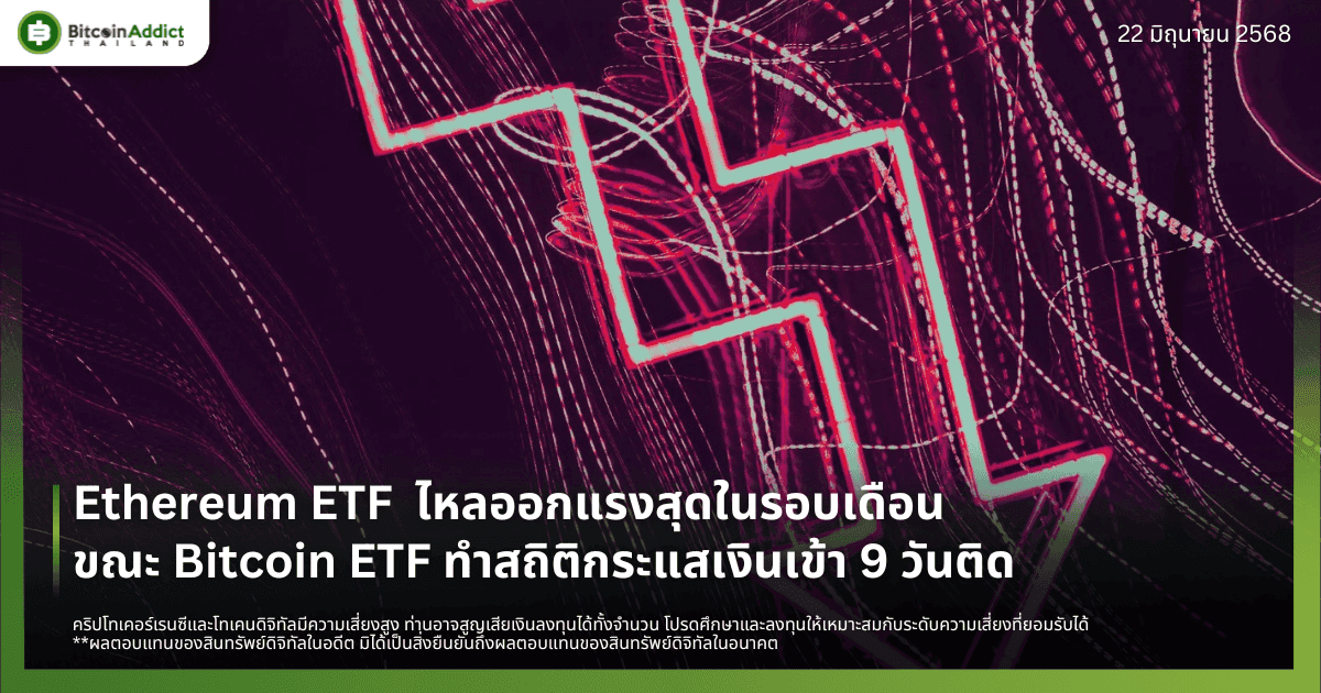 Ethereum ETF  ไหลออกแรงสุดในรอบเดือน ขณะ Bitcoin ETF ทำสถิติกระแสเงินเข้า 9 วันติด