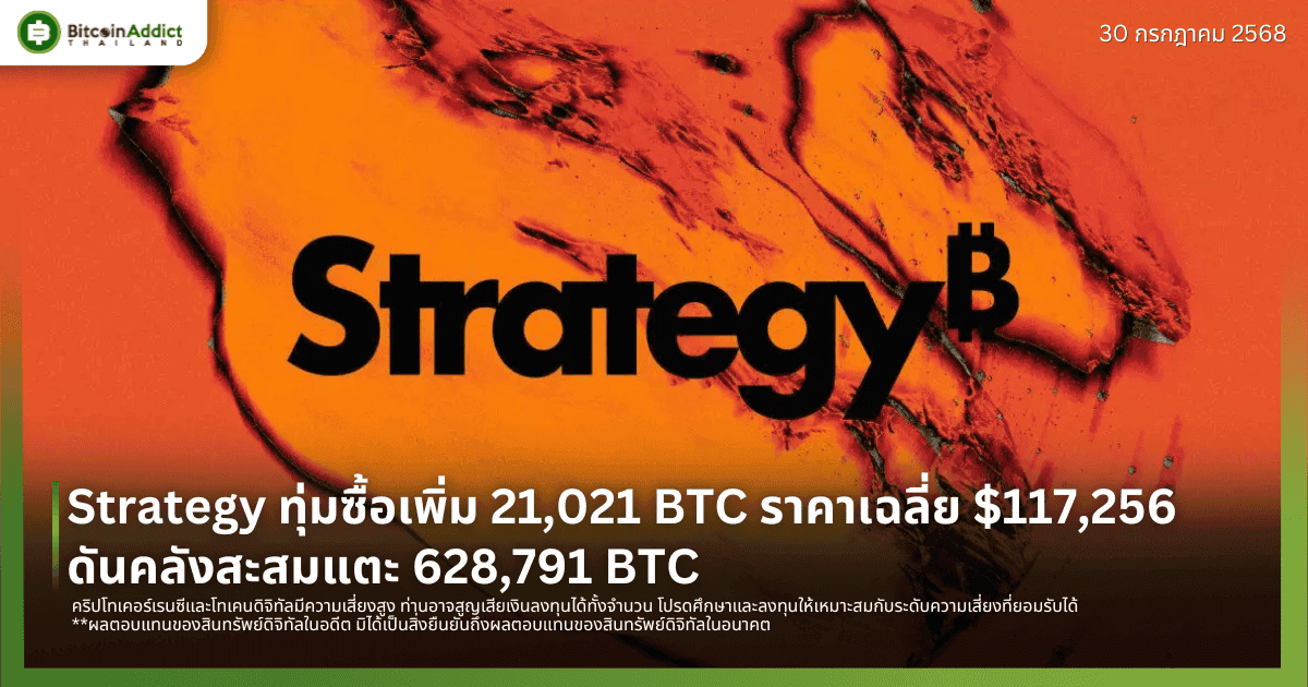 Strategy ทุ่มซื้อเพิ่ม 21,021 BTC ราคาเฉลี่ย $117,256 ดันคลังสะสมแตะ 628,791 BTC