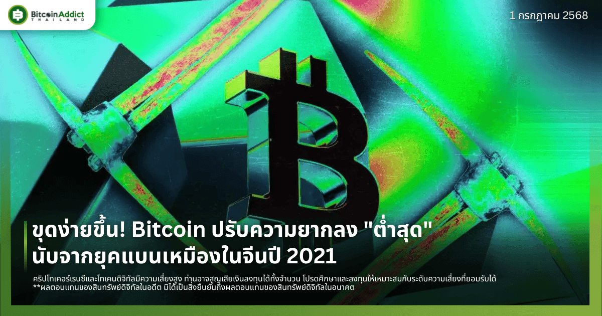 ขุดง่ายขึ้น! Bitcoin ปรับความยากลง "ต่ำสุด" นับจากยุคแบนเหมืองในจีนปี 2021
