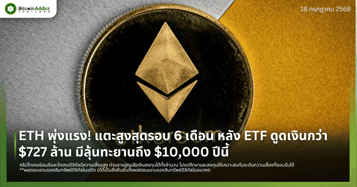 ETH พุ่งแรง! แตะสูงสุดรอบ 6 เดือน หลัง ETF ดูดเงินกว่า $727 ล้าน มีลุ้นทะยานถึง $10,000 ปีนี้