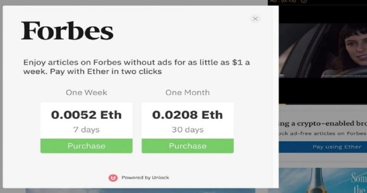เว็บไซต์ Forbes.com เปิดโอกาสให้คุณใช้ Ethereum (ETH) จ่ายเพื่อบล็อคโฆษณาที่จะมารบกวนการอ่าน