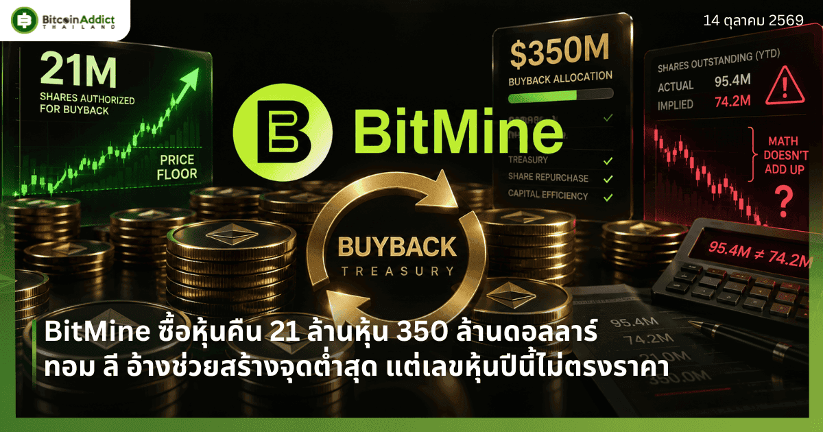 BitMine ซื้อหุ้นคืน 21 ล้านหุ้น 350 ล้านดอลลาร์ ทอม ลี อ้างช่วยสร้างจุดต่ำสุด แต่เลขหุ้นปีนี้ไม่ตรงราคา