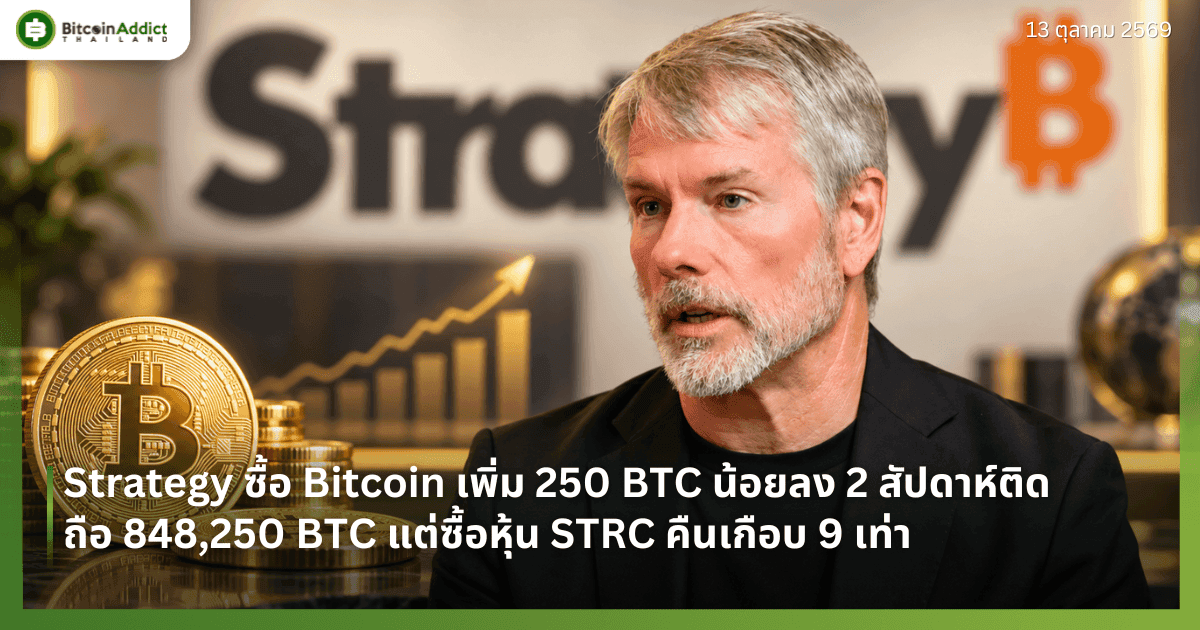 Strategy ซื้อ Bitcoin เพิ่ม 250 BTC น้อยลง 2 สัปดาห์ติด ถือ 848,250 BTC แต่ซื้อหุ้น STRC คืนเกือบ 9 เท่า