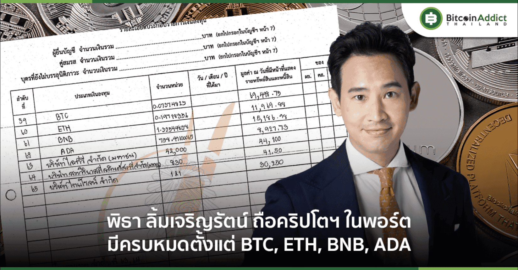 เผยทรัพย์สิน "พิธา ลิ้มเจริญรัตน์" มี BTC, ETH, BNB, ADA และอื่น ๆ รวมกว่า 85 ล้านบาท