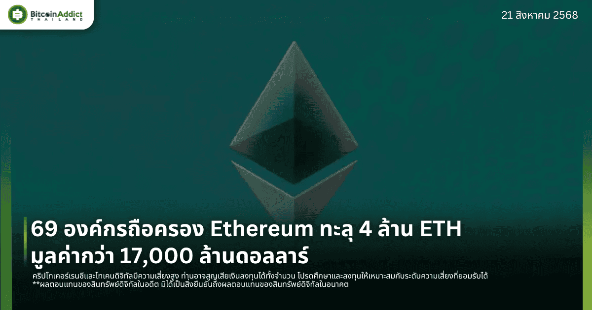 69 องค์กรถือครอง Ethereum ทะลุ 4 ล้าน ETH มูลค่ากว่า 17,000 ล้านดอลลาร์