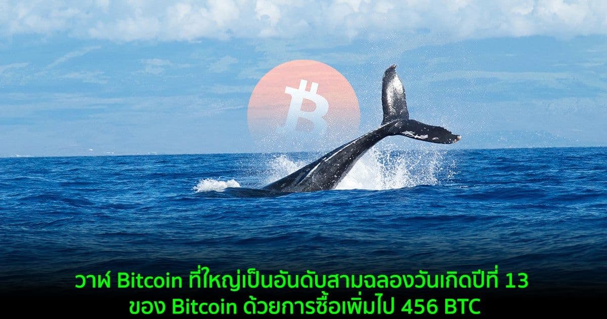 วาฬ Bitcoin ที่ใหญ่เป็นอันดับสามฉลองวันเกิดปีที่ 13 ของ Bitcoin ด้วยการซื้อเพิ่มไป 456 BTC
