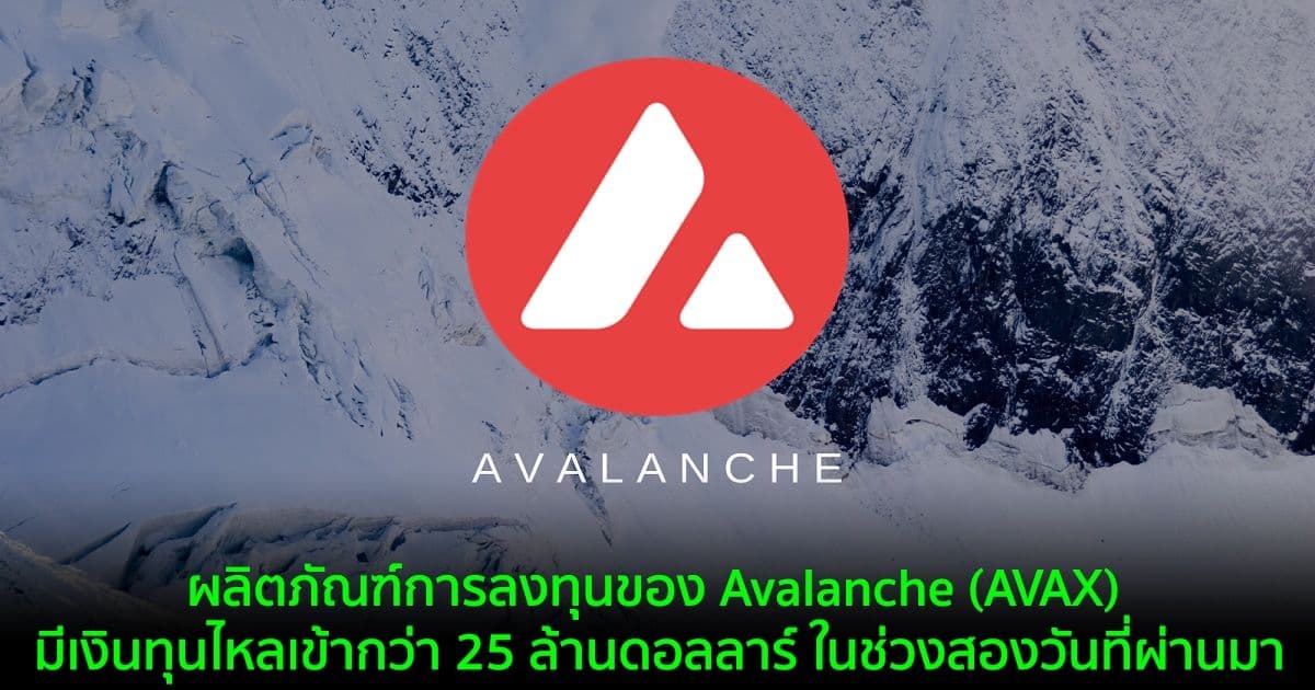 ผลิตภัณฑ์การลงทุนของ Avalanche (AVAX) มีเงินทุนไหลเข้ากว่า 25 ล้านดอลลาร์ ในช่วงสองวันที่ผ่านมา