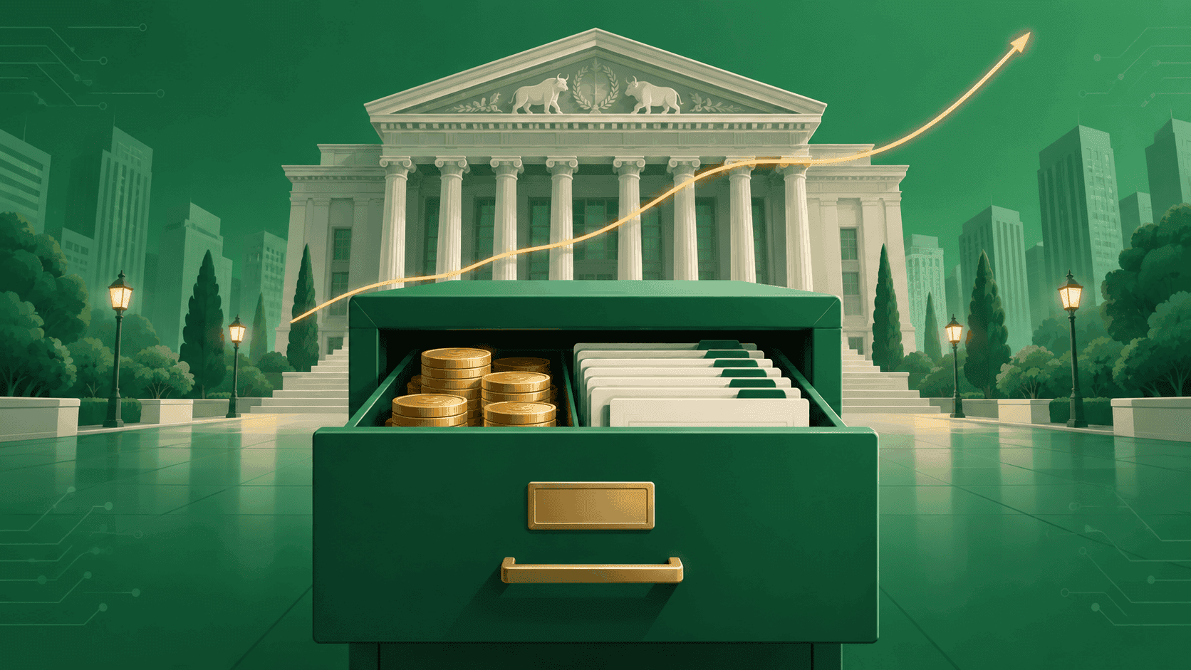 เหรียญทองในลิ้นชักเอกสารกองทุน ฉากหลังอาคารตลาดหลักทรัพย์ สื่อยุคที่ Bitcoin เข้าสู่กระแสหลัก