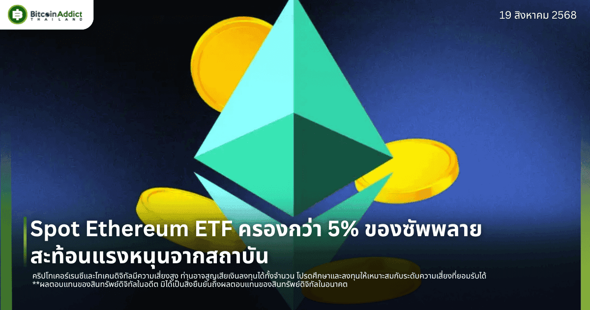 Spot Ethereum ETF ครองกว่า 5% ของซัพพลาย สะท้อนแรงหนุนจากสถาบัน
