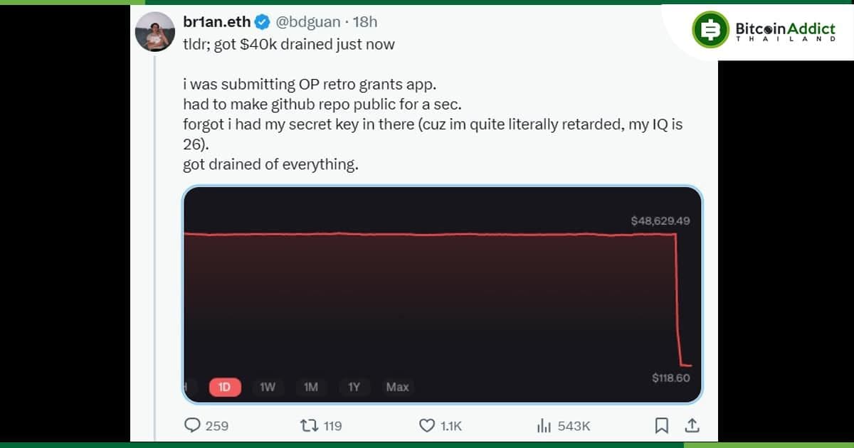 นักพัฒนาดวงแตก เผลอโพสต์คีย์ของกระเป๋าบน GitHub เงิน 1.4 ล้านบาท หายวับใน 2 นาที