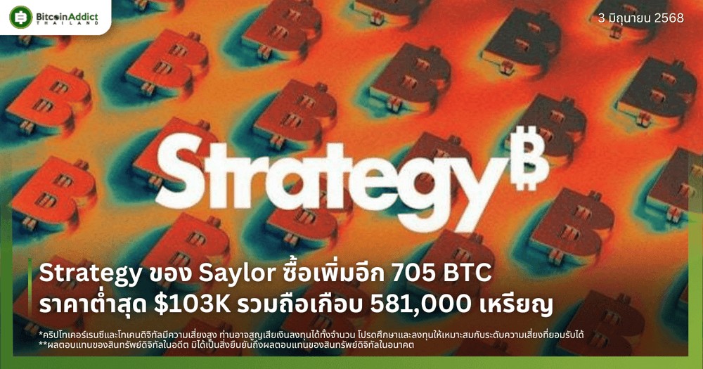 Strategy ของ Saylor ซื้อเพิ่มอีก 705 BTC ราคาต่ำสุด $103K รวมถือเกือบ 581,000 เหรียญ