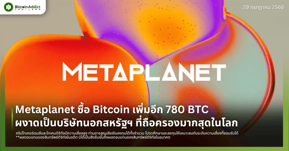 Metaplanet ซื้อ Bitcoin เพิ่มอีก 780 BTC ผงาดเป็นบริษัทนอกสหรัฐฯ ที่ถือครองมากสุดในโลก