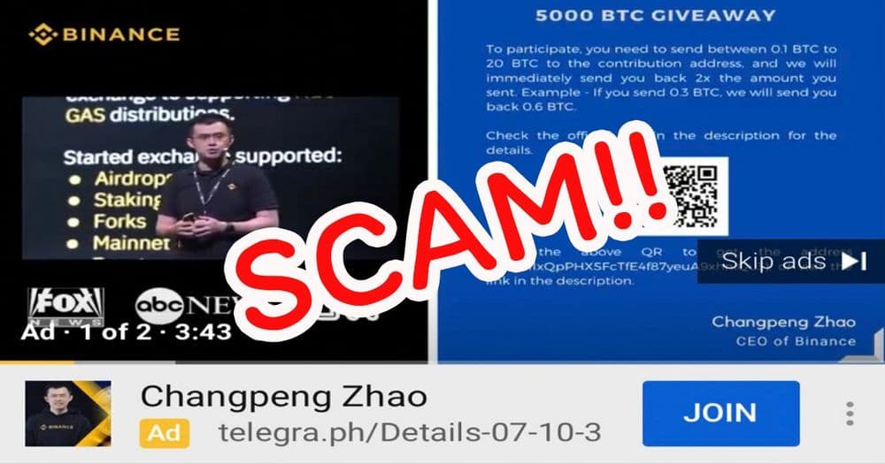 ระวัง!! พบ Ads โฆษณาหลอกลวงขโมย Bitcoin บน Youtube ที่แอบอ้างเป็นซีอีโอ Binance