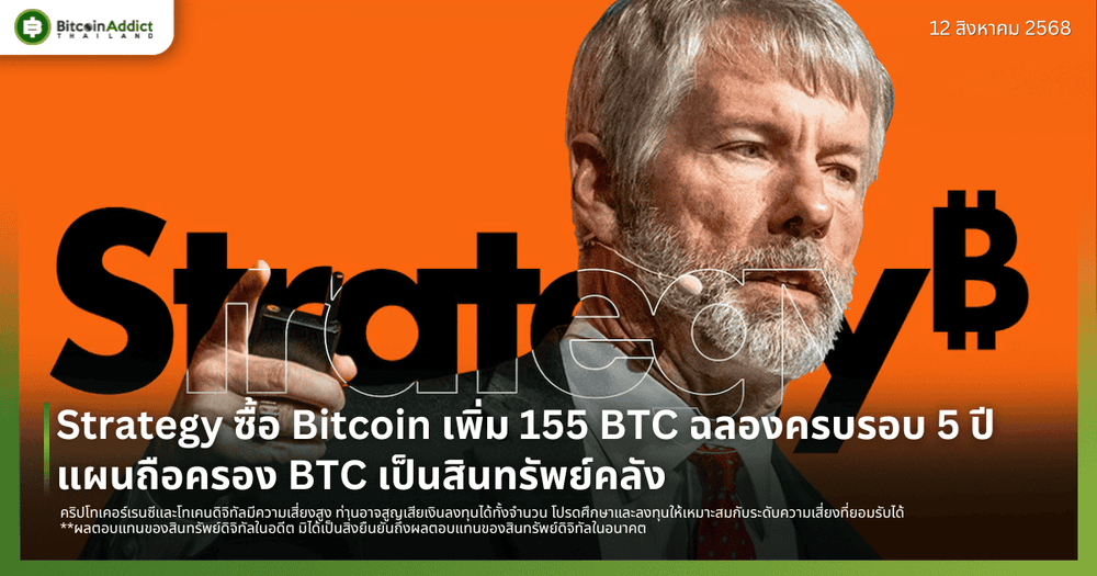 Strategy ซื้อ Bitcoin เพิ่ม 155 BTC ฉลองครบรอบ 5 ปี แผนถือครอง BTC เป็นสินทรัพย์คลัง