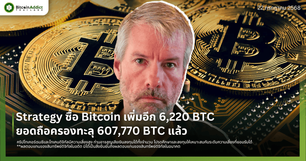 Strategy ซื้อ Bitcoin เพิ่มอีก 6,220 BTC ยอดถือครองทะลุ 607,770 BTC แล้ว
