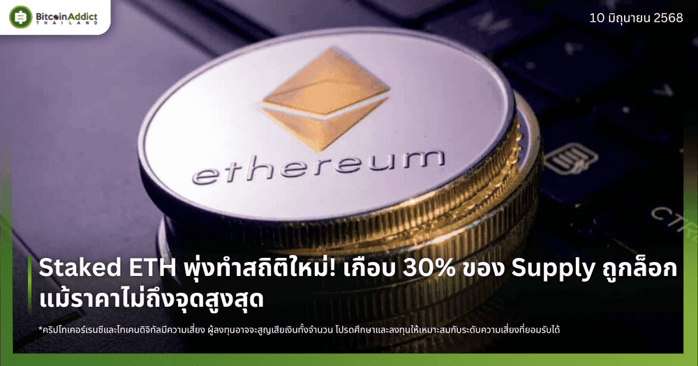 Staked ETH พุ่งทำสถิติใหม่! เกือบ 30% ของ Supply ถูกล็อก แม้ราคาไม่ถึงจุดสูงสุด