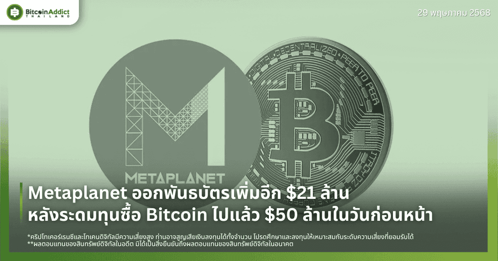 Metaplanet ออกพันธบัตรเพิ่มอีก $21 ล้าน หลังระดมทุนซื้อ Bitcoin ไปแล้ว $50 ล้านในวันก่อนหน้า
