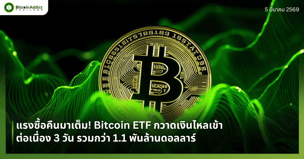 แรงซื้อคืนมาเต็ม! Bitcoin ETF กวาดเงินไหลเข้าต่อเนื่อง 3 วัน รวมกว่า 1.1 พันล้านดอลลาร์