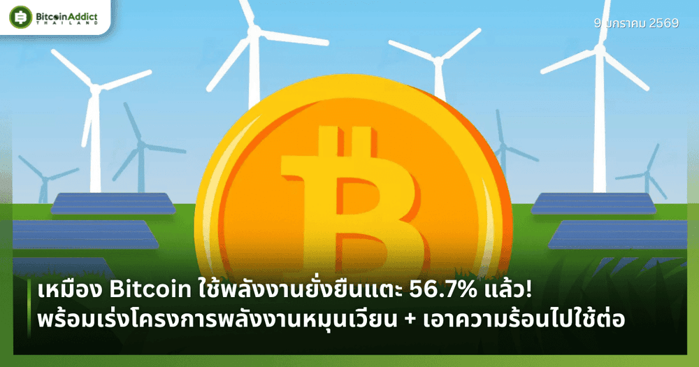 เหมือง Bitcoin ใช้พลังงานยั่งยืนแตะ 56.7% แล้ว! พร้อมเร่งโครงการพลังงานหมุนเวียน + เอาความร้อนไปใช้ต่อ