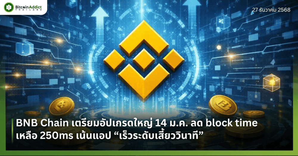 BNB Chain เตรียมอัปเกรดใหญ่ 14 ม.ค. ลด block time เหลือ 250ms เน้นแอป “เร็วระดับเสี้ยววินาที”