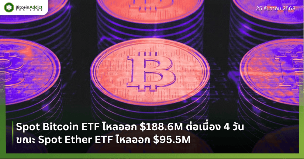 Spot Bitcoin ETF ไหลออก $188.6M ต่อเนื่อง 4 วัน ขณะ Spot Ether ETF ไหลออก $95.5M