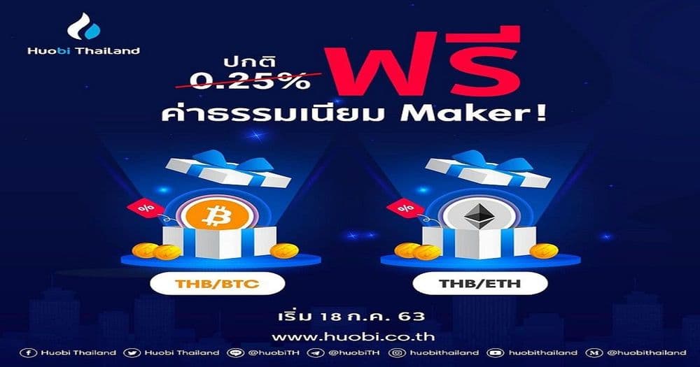 Huobi Thailand จัดโปรเทรด Bitcoin , ETH ฟรี ไม่มีค่าธรรมเนียม Maker เริ่ม 18 กรกฎาคม 63