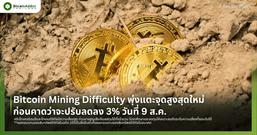 Bitcoin Mining Difficulty พุ่งแตะจุดสูงสุดใหม่ ก่อนคาดว่าจะปรับลดลง 3% วันที่ 9 ส.ค.