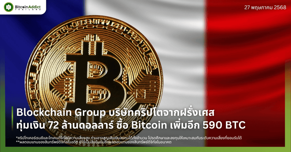 Blockchain Group บริษัทคริปโตจากฝรั่งเศส ทุ่มเงิน 72 ล้านดอลลาร์ ซื้อ Bitcoin เพิ่มอีก 590 BTC