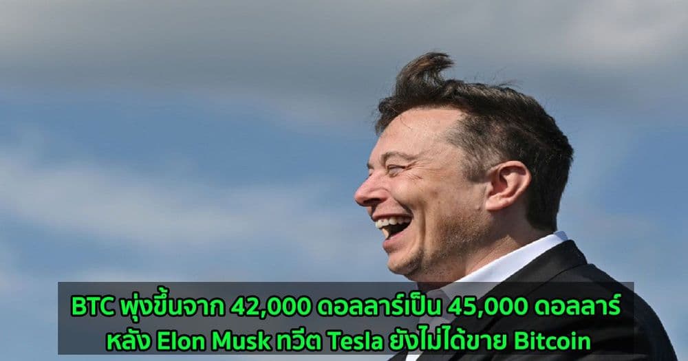 BTC พุ่งขึ้นจาก 42,000 ดอลลาร์เป็น 45,000 ดอลลาร์ หลัง Elon Musk ทวีต Tesla ยังไม่ได้ขาย Bitcoin