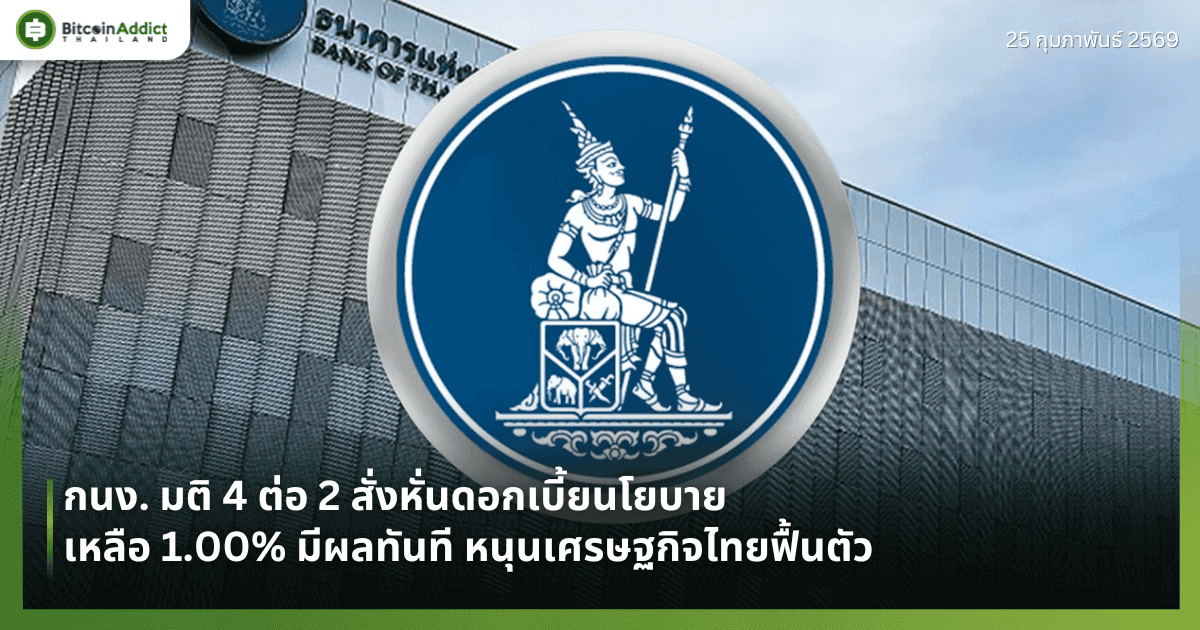 กนง. มติ 4 ต่อ 2 สั่งหั่นดอกเบี้ยนโยบายเหลือ 1.00% มีผลทันที หนุนเศรษฐกิจไทยฟื้นตัว