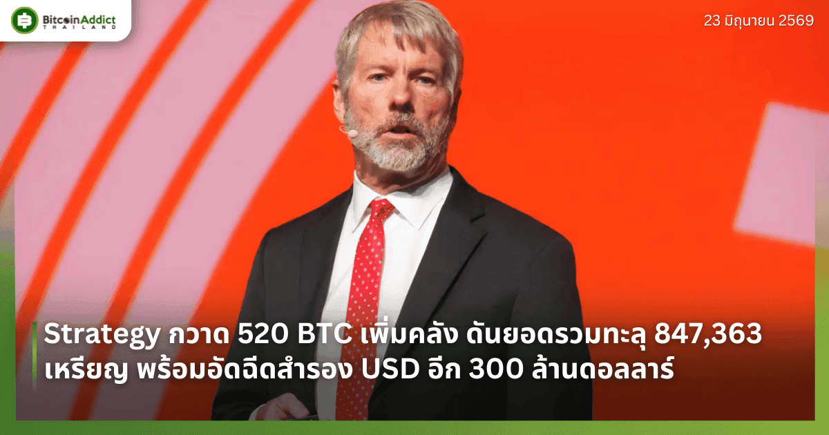 Strategy กวาด 520 BTC เพิ่มคลัง ดันยอดรวมทะลุ 847,363 เหรียญ พร้อมอัดฉีดสำรอง USD อีก 300 ล้านดอลลาร์