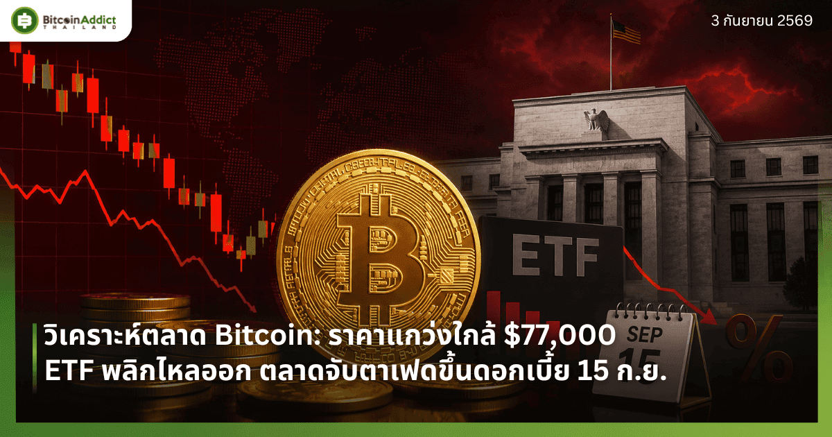 วิเคราะห์ตลาด Bitcoin: ราคาแกว่งใกล้ $77,000 ETF พลิกไหลออก ตลาดจับตาเฟดขึ้นดอกเบี้ย 15 ก.ย.