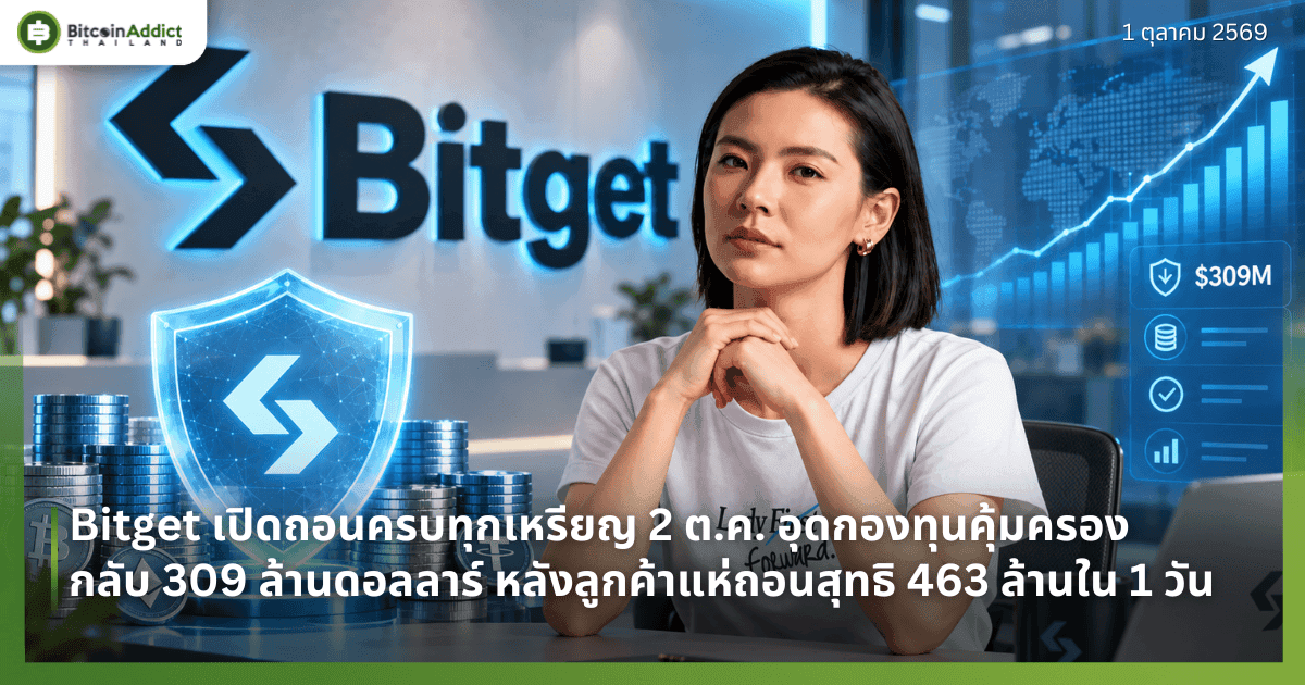 Bitget เปิดถอนครบทุกเหรียญ 2 ต.ค. อุดกองทุนคุ้มครองกลับ 309 ล้านดอลลาร์ หลังลูกค้าแห่ถอนสุทธิ 463 ล้านใน 1 วัน