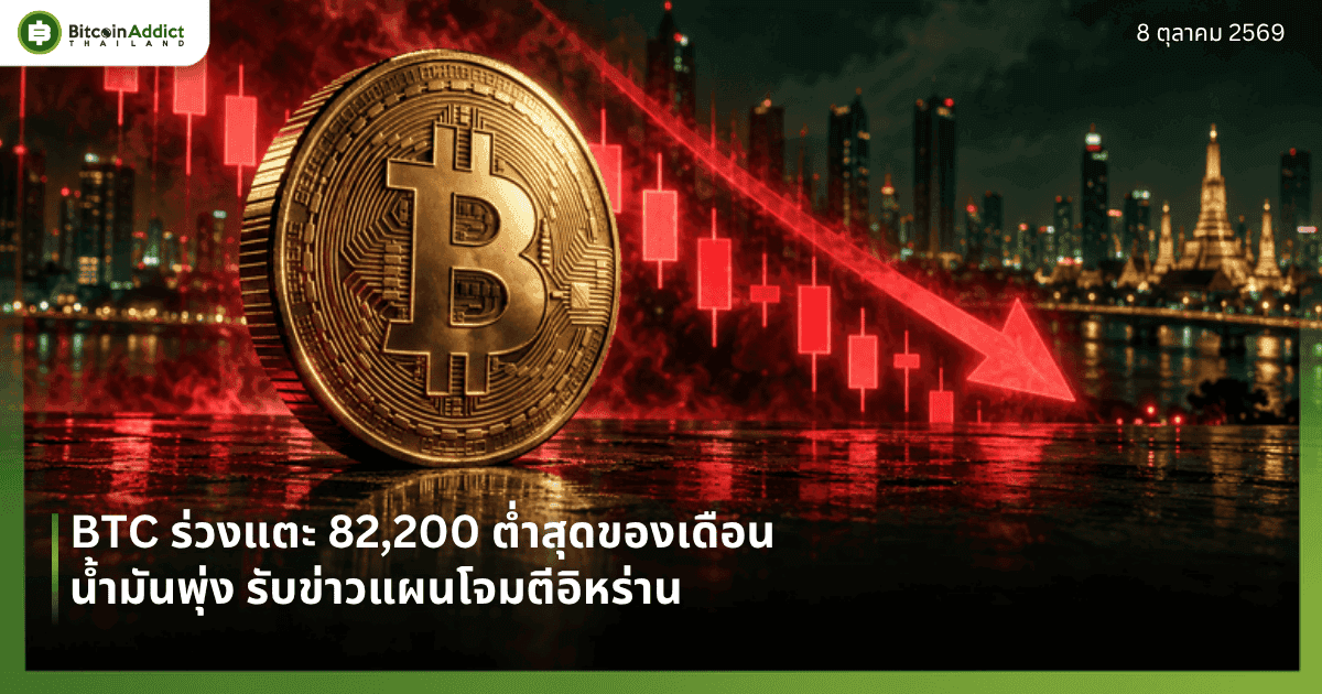 ปกราคาบิทคอยน์วันนี้ 8 ตุลาคม 2569 BTC ร่วงแตะ 82,200 ต่ำสุดของเดือน น้ำมันพุ่งรับข่าวแผนโจมตีอิหร่าน