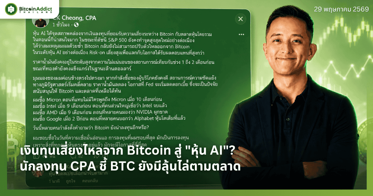 เงินทุนเสี่ยงไหลจาก Bitcoin สู่ "หุ้น AI"? นักลงทุน CPA ชี้ BTC ยังมีลุ้นไล่ตามตลาด