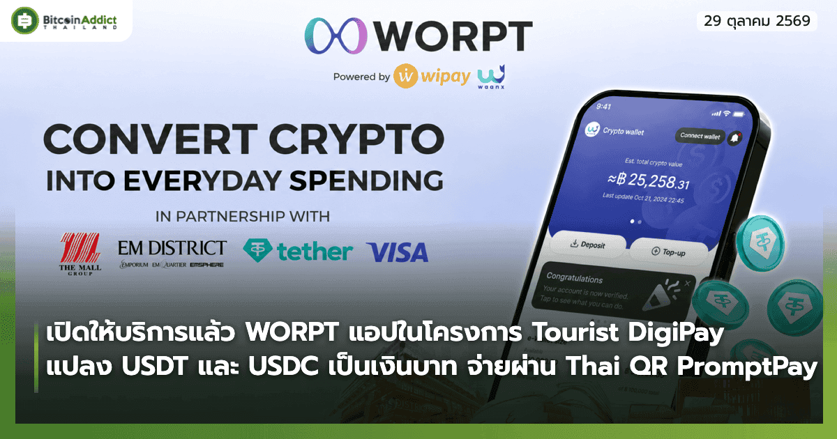 ภาพประชาสัมพันธ์แอปพลิเคชัน WORPT แสดงหน้าจอแอปและข้อความ Convert Crypto into Everyday Spending พร้อมโลโก้พันธมิตร The Mall Group, EM District, Tether และ Visa
